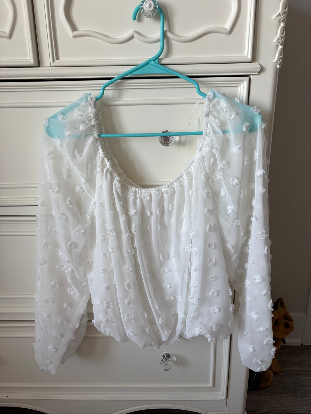 White Sheer Peasant Blouse with Textured Dot Detail